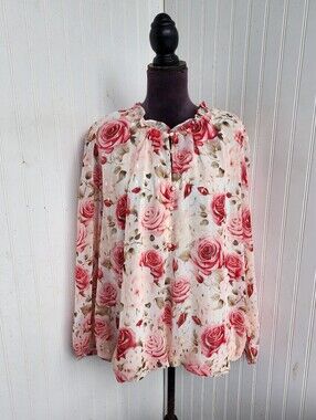 NWT Autres Filles Floral Metallic Chiffon Blouse Sheer Pink Long Sleeve 3X